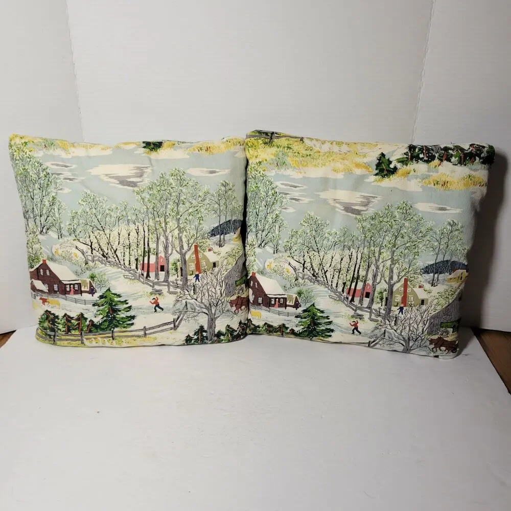 Vtg 50s Grandma Moses Early Springtime Farm Barkcloth Pillows Cushions Pair MCM